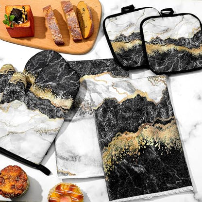 Sratte 6 Pcs Farmhouse Marble Kitchen Towels Pot Holders Oven Mitts Set 2 Dish Towels 2 Potholders 2 Cooking Mittens Oven Glove for Cooking Baking Grilling Supply (Black, Gold) - color: Black, Gold