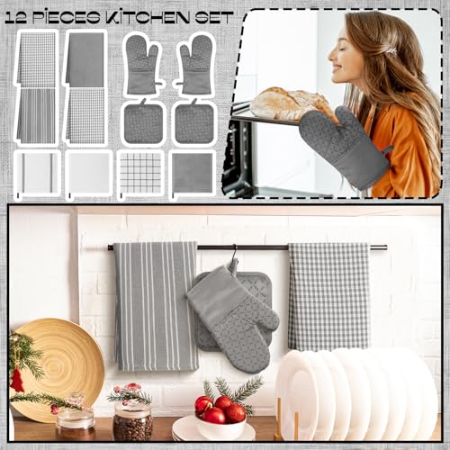 LemonRoad 12 Pcs Oven Mitts Kitchen Towels Dishcloths with Pot Holders Sets Dish Towels Sets Oven Gloves Heat-Resistant Pot Pads with Silicone for Kitchen Cooking Baking(Gray) - color: Gray