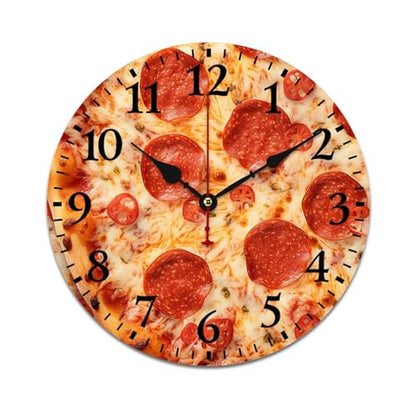 Wall Clock Pepperoni Cheese Pizza Round Rustic Wood Wall Clock Battery Operated Silent Funny Food Sausage Cheese Wood Clock 12 Inch Kitchen Dining Room Wooden Wall Clock Art Hanging Clocks - color: Pattern-1, size: 12 Inch