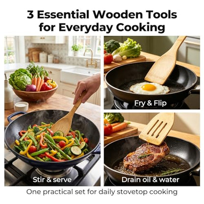 HANSGO Bamboo Wooden Spoons for Cooking, 6PCS Non-Stick Kitchen Utensils Set, Natural and Durable Wooden Spatula for Nonstick Cookware, Apartment Essentials