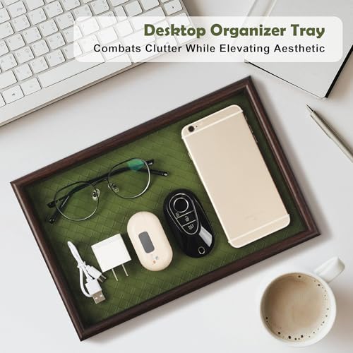 Wooden Valet Tray with Leather Base - Nightstand Catchall Organizer for Cologne, Perfume, Keys, Wallet, Phone, Watch, Jewelry & Sunglasses (Green) - color: Green