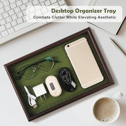Wooden Valet Tray with Leather Base - Nightstand Catchall Organizer for Cologne, Perfume, Keys, Wallet, Phone, Watch, Jewelry & Sunglasses (Green) - color: Green
