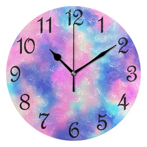 Tie Dye Blue Purple Pink Clouds Round Wall Clock Silent Non Ticking Bathroom Clocks 10 Inch Battery Operated Clock for Kitchen Living Room Bedroom Home Decor - color: B001