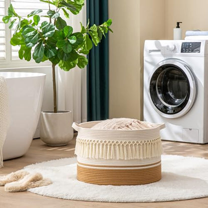 KAKAMAY Large Blanket Basket (20"x13"),Woven Baskets for storage Baby Laundry Hamper, Cotton Rope Blanket Basket for Living Room, Laundry, Nursery, Pillows, Baby Toy chest (White Fringe) | Extra Large Capacity | Natural Cotton Rope | Blanket Storage | Wov