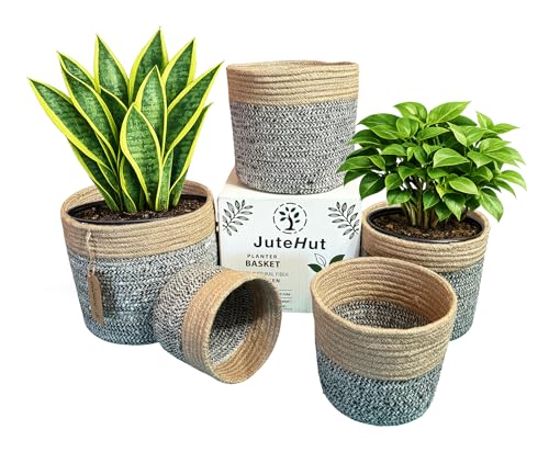 Planter Basket Set – 5-Piece Handwoven Jute Planter Basket for Home Decor, Nursery, or Indoor Plants (5'' to 8'' Diameter, 4.75'' to 7.75'' Height) – Fold & Wrinkle Free - Natural Jute with White Band - color: Gray With Brown Band