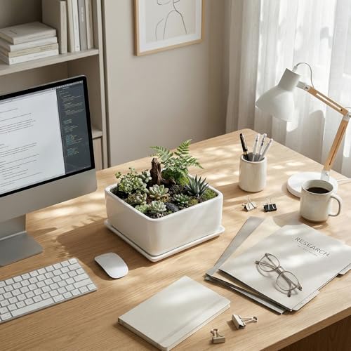 MyGift White Ceramic Square Planter Pot with Drainage Hole & Drip Tray | Suitable for Succulents, Cactus, Herbs, Bonsai, Houseplants & Floral Arrangements - color: White