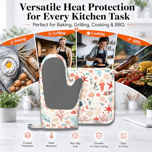 Cartoon Starfish and Shells Oven Mitts and Pot Holders Sets Silicone Kitchen Mitts Potholders Heat Resistant Oven Gloves Hot Pads for Kitchen Baking Cooking BBQ - color: Cartoon Starfish and Shells