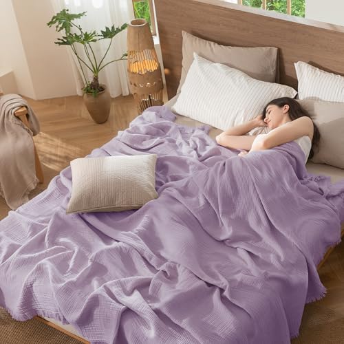 MooMee 100% Cotton Muslin Blanket, Fringed 4-Layer Gauze Bed Throw Blankets | Soft Breathable Lightweight Thin Coverlet Summer Blankets for Adults, Bed & Couch All Seasons, Light Purple, 98" x 98" - color: Light Purple, size: Oversize Queen