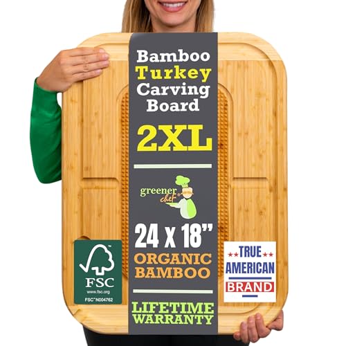 HUGE Organic Bamboo Extra Large Carving Board with Lifetime Replacements - 2XL Meat Cutting Board and Wooden Butcher Block with Pour Spout, Turkey Platter for Christmas Holiday Essentials - size: 24"L x 18"W