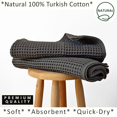 PÜSKÜL 2-Piece Natural 100% Turkish Cotton Waffle Bath Towels Extra-Large | Dark Gray, 32x63" Bath Sheet Towel, Light Soft Absorbent Quick-Dry Lint-Free Premium Honeycomb Weave Oeko-Tex Made in Turkiye - color: Dark Gray