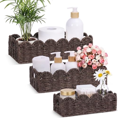 Boao 3 Pcs Boho Storage Wicker Baskets Handmade Woven Decorative Paper Rope Baskets for Organizing with Handle Countertop Toilet Paper Storage Container for Toilet Tank Top(Brown,Fan-shaped) - color: Brown, style: Fan-shaped