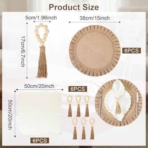 18 Pack Round Burlap Placemats Wood Bead Napkin Rings with Dinner Napkins Cloth, Jute Heat Resistant Placemats Boho Wooden Rings for Plates Wedding Dining Table