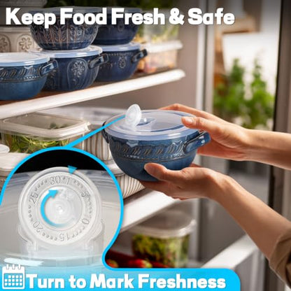 French Onion Soup Bowls with Handles and lids & Spoons, 20 Oz Ceramic Soup Crocks Oven Safe Serving Bowls for Chili, Beef Stew, Cereal, Pot Pies, Embossment, Set of 4, Blue (Willow Leaf) - color: Blue (Willow Leaf)