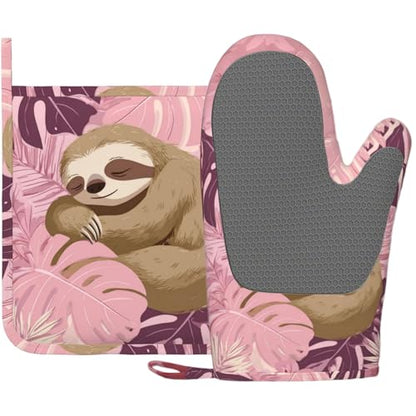 Pink Sloth Heat-Resistant Oven Mitts and Pot Holder Cute Animal Kitchen Non-Slip Silicone Cooking Microwave Gloves for Cooking Baking Grilling - color: Pink Sloth