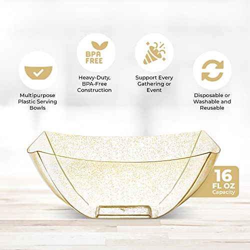 4 Pack Disposable Gold Plastic Serving Bowls Square Party Candy Use 16oz | Square Design. Disposable Party Tableware. Salad, Fruit & Candy Use. Candy Buffet Containers. Gold Plastic. - color: GOLD GLITTER, size: 16 OUNCE