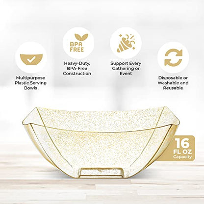 4 Pack Disposable Gold Plastic Serving Bowls Square Party Candy Use 16oz | Square Design. Disposable Party Tableware. Salad, Fruit & Candy Use. Candy Buffet Containers. Gold Plastic. - color: GOLD GLITTER, size: 16 OUNCE