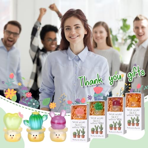 Jenaai 24 Sets Emotional Appreciation Gifts Bulk Mini Resin Cactus Cacti Work Would SUCC Without You Boxes Glow in the Dark Succulent Figurines for Coworkers Gift Employee Team Favors