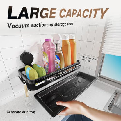 4-in-1 Sink Caddy Sponge Holder wih Strong Suction Cup, Multi-use | Sponge Holder for Kitchen Sink Organizer with Hanging Hooks, Towel Rod, Drip Tray for Sponge, Brush, Scrubber, Scraper