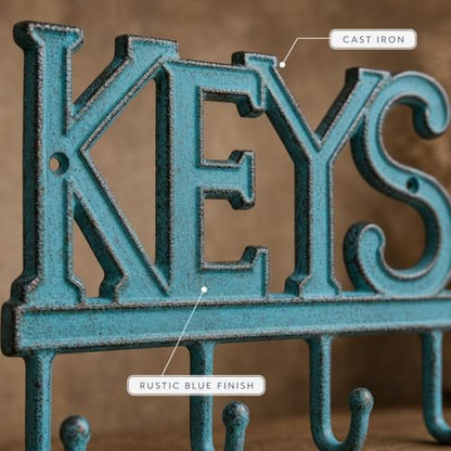 Comfify Rustic Blue Cast Iron Key Holder for Wall – Keys Sign with 4 Hooks | Rustic blue antique finish; mounting hardware included; entryway, hallway or door; 6"H x 8"L; holds 8 keychains - color: Rustic Blue