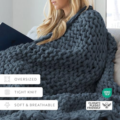 Merit Linens Chunky Knit Throw Blanket - One Size Stone - color: Chunky Hand-knit Stone