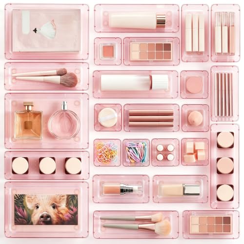 Vtopmart 25 Pack Plastic Drawer Organizers with Non-slip Rubber Pads | 4-Size Versatile Makeup Organizer, Storage Containers Small Bins for Makeup, Jewelries, Bedroom, Kitchen Utensils and Office - color: Clear Rose Glod