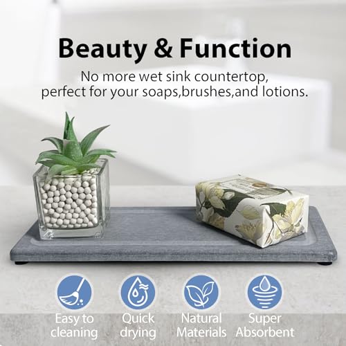 2 PCS Water Absorbing Stone Trays for Bathroom Sink Fast Drying Coasters | 11" x 4.7", Vanity Tray, Diatomaceous Earth Mat, Hand Soap Holder with Anti-Skid Feet, Kitchen Counter, Sink Caddy Organizer - color: 11" X 4.7" Gray