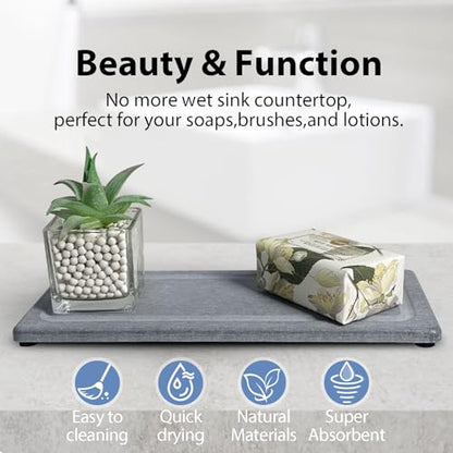 2 PCS Water Absorbing Stone Trays for Bathroom Sink Fast Drying Coasters | 11" x 4.7", Vanity Tray, Diatomaceous Earth Mat, Hand Soap Holder with Anti-Skid Feet, Kitchen Counter, Sink Caddy Organizer - color: 11" X 4.7" Gray