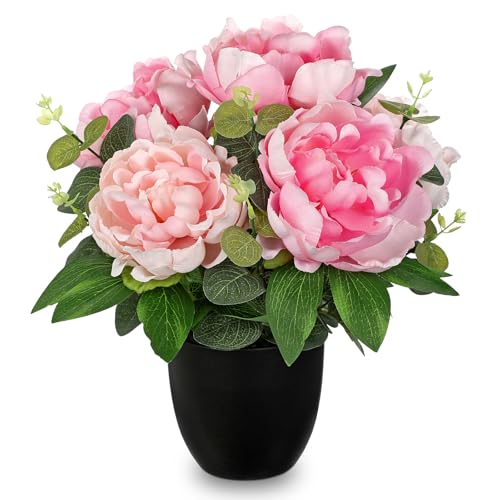 Briful Pink Faux Peony Flowers - 12.5in Peonies Artificial Flowers with Black Pot Silk Peonies Floral Arrangement Fake Potted Flowers for Home Decor Office Room Table Wedding Decor - color: Peach Pink