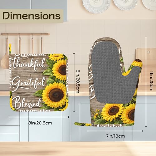 Wood Sunflower Oven Mitts and Pot Holders Sets of 4 PCS, Thankful Grateful Blessed Oven Gloves Potholder for Kitchen Cooking Baking BBQ Heat Resistant - color: Thankful Grateful Blessed