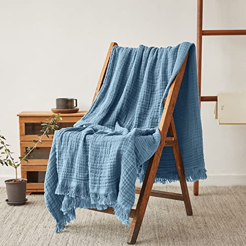 Simple&Opulence Cotton Muslin Throw Blanket for Bed, Couch, Knit Woven Gauze Blanket with Tassels, Soft Lightweight Cozy Pre-Washed Breathable Farmhouse Decoration for All-Season (Dusty Blue) - color: Dusty Blue