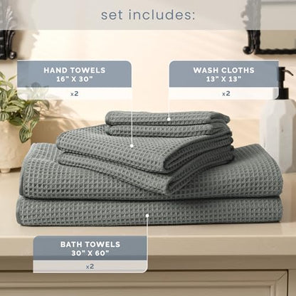 S&T INC. Aura Waffle Bath Towel Set, 6 Pieces, Grey | 2 Bath Towels, 2 Hand Towels, 2 Wash Cloths, Absorbent Microfiber, Quick-Dry and Lightweight, 420GSM - color: Grey