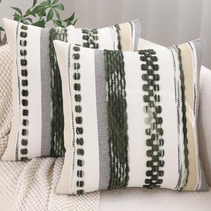 Boho Throw Pillow Covers 18x18 Inch Set of 2 Dark Green | Durable Fabric,Stripe Pillow Covers,Farmhouse Cushion Case,Chenille Pillow Cases,Neutral Pillowcase for Sofa Couch Bed - color: Dark Green Stripe, size: 18" x 18" (Pack of 2)