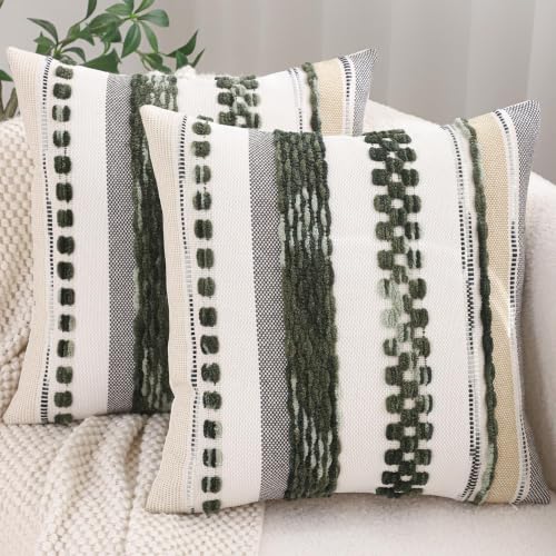 Boho Throw Pillow Covers 18x18 Inch Set of 2 Dark Green | Durable Fabric,Stripe Pillow Covers,Farmhouse Cushion Case,Chenille Pillow Cases,Neutral Pillowcase for Sofa Couch Bed - color: Dark Green Stripe, size: 18" x 18" (Pack of 2)