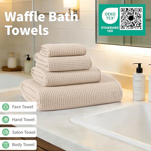 MICROFI Waffle Weave Bath Towel Set, Microfiber, 4 Pieces (Body/Hair/Hand/Face), Quick Dry, Lightweight, Super Absorbent, Lint Free, 380 GSM (Champagne) - color: Champagne