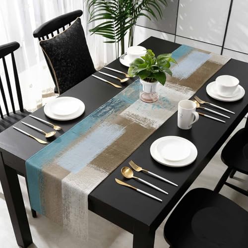 Aqua-Blue Brown Table Runner-Cotton Linen-13x90 Inch Holiday Dresser Scarves, Modern Abstract Beige Oil Painting Art Tablerunner for Kitchen Coffee/Dining Bedroom Home Living Room Dinner Scarf Décor - size: 13x90 Inches