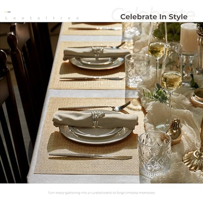 Leetaltree Woven Vinyl Placemats Set of 24, Gold Sequin | Waterproof & Washable Dining Table Mats for Wedding, Anniversary, Daily Use, Hand-Cut, Easy to Clean - color: 00- Gold Sequin, size: Set of 24