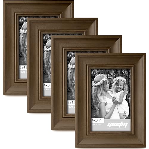 Yaetm 4x6 Picture Frame Set of 4, 1.4” Wide Molding & Brown Wood Grain Photo Frames with HD Tempered Glass, for Table Top & Wall Mounting (4 pack, Brown Wood Grain) - color: Wood Brown, size: 4x6, 4 pack