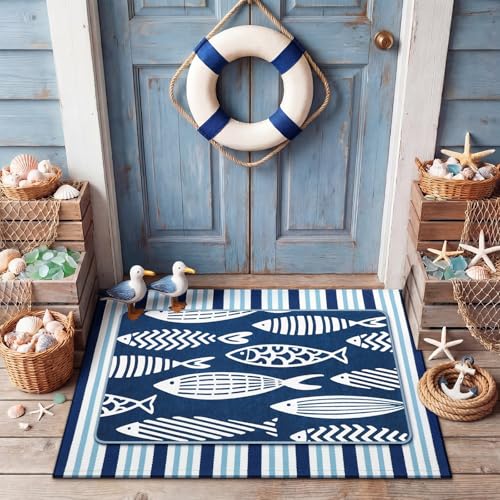 Tinideya 2 Pcs Blue Coastal Fish Door Mat Outdoor Summer Nautical Beach Welcome Front Door Mat Layered Navy Blue and White Striped Entryway Rug Non Slip Lake Beach House Decor for Front Porch Outside - size: 16 x 28 Inch,24 x 35 Inch, style: Coastal