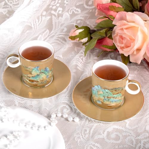 KAMMAK Tea Cups and Saucers Set of 2, Porcelain Coffee Cups, JBE008 | Stackable Espresso Mugs, Ceramic Demitasse for Coffee, Cappuccino, Latte, Americano, Tea - size: 8CZJBE008