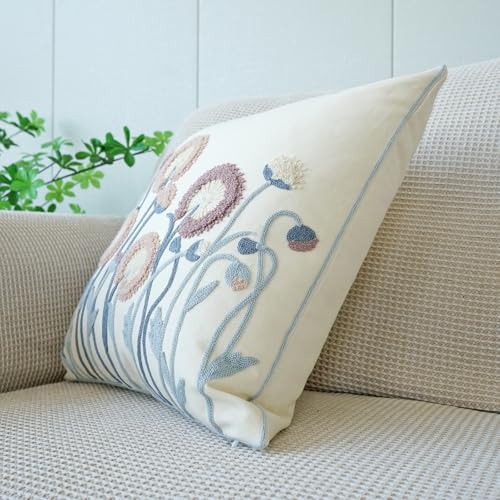 vctops Floral Embroidered Pillow Covers 18x18 Inch Spring Summer Cotton Tufted Throw Pillow Cover Outdoor Garden Cushion Case for Sofa, Bed, Living Room (Flower C,18"x18") - color: Flower C