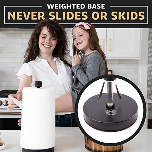 Heavy-Duty Stainless Steel Paper Towel Holder - Easy One-Handed Tear with Suction Cups - Modern Weighted Standing Countertop Dispenser for Kitchen - Holds All Paper Towel Rolls, Black - color: Black