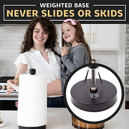 Heavy-Duty Stainless Steel Paper Towel Holder - Easy One-Handed Tear with Suction Cups - Modern Weighted Standing Countertop Dispenser for Kitchen - Holds All Paper Towel Rolls, Black - color: Black