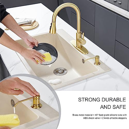 Gagal Kitchen Sink Soap Dispenser (Brushed Gold) and Extension Tube Kit for Kitchen Sink, Complete Brass Head with 40" Silicone Tube Connect to The Bottle Directly, Say Goodbye to Frequent Refills - color: Gold