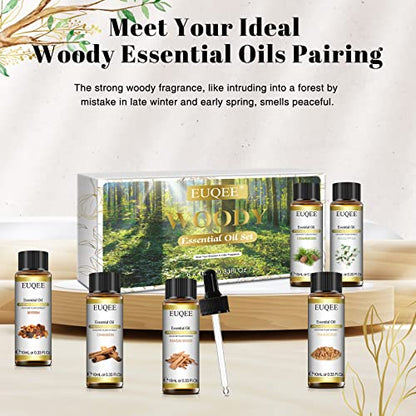 EUQEE 10ml Woody Essential Oils Set - Pure & Nature Essential Oils for Aromatherapy, Diffuser, Candle Making, Massage - Eucalyptus, Cedarwood, Sandalwood, Frankincense, Cinnamon | Pure & Nature Essential Oils for Aromatherapy - Eucalyptus, Cedarwood, Sand