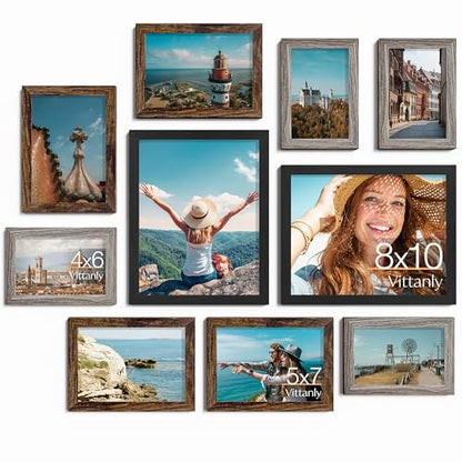 Vittanly 10 Pack Gallery Wall Frame Set, Black, Brown, Dark Grey | Gallery Wall Frame Set: 2pcs 8x10, 4pcs 5x7 & 4pcs 4x6 Photos for Wall & Table, Picture Frames made of Engineered Wood - color: Black & Brown & Dark Grey