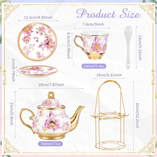 Zhehao 20 Pcs Porcelain Tea Set with Metal Holder and Spoon Adult Ceramic Tea Set European Flower Painting Teapot Cup Saucer Spoon for Women Mom Gift, Large Version (Purple Style) - color: Purple Style
