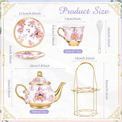 Zhehao 20 Pcs Porcelain Tea Set with Metal Holder and Spoon Adult Ceramic Tea Set European Flower Painting Teapot Cup Saucer Spoon for Women Mom Gift, Large Version (Purple Style) - color: Purple Style
