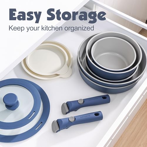 SENSARTE 24 Piece Ceramic Detachable Handle Pots and Pans Set Navy | Ceramic Cookware Set, Induction Cookware Set with Removable Handle, Healthy Non Stick for RV, Dishwasher ＆ Oven Safe - color: Navy, size: 24 Piece