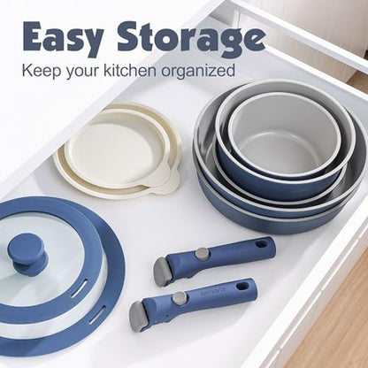 SENSARTE 24 Piece Ceramic Detachable Handle Pots and Pans Set Navy | Ceramic Cookware Set, Induction Cookware Set with Removable Handle, Healthy Non Stick for RV, Dishwasher ＆ Oven Safe - color: Navy, size: 24 Piece
