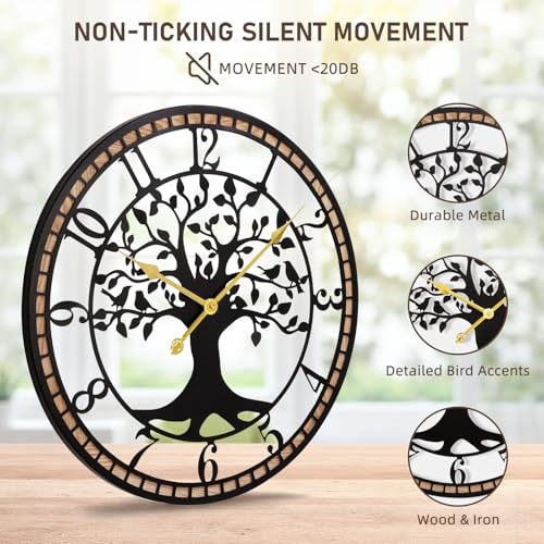 14" Farmhouse Bird Branch Wall Clock with Metal Tree Design | Bird branch accent with quiet movement, hardware included, 1 AA battery not included; approx. 2 lb for compact wall spaces - color: Arab, size: 14'' x 14''